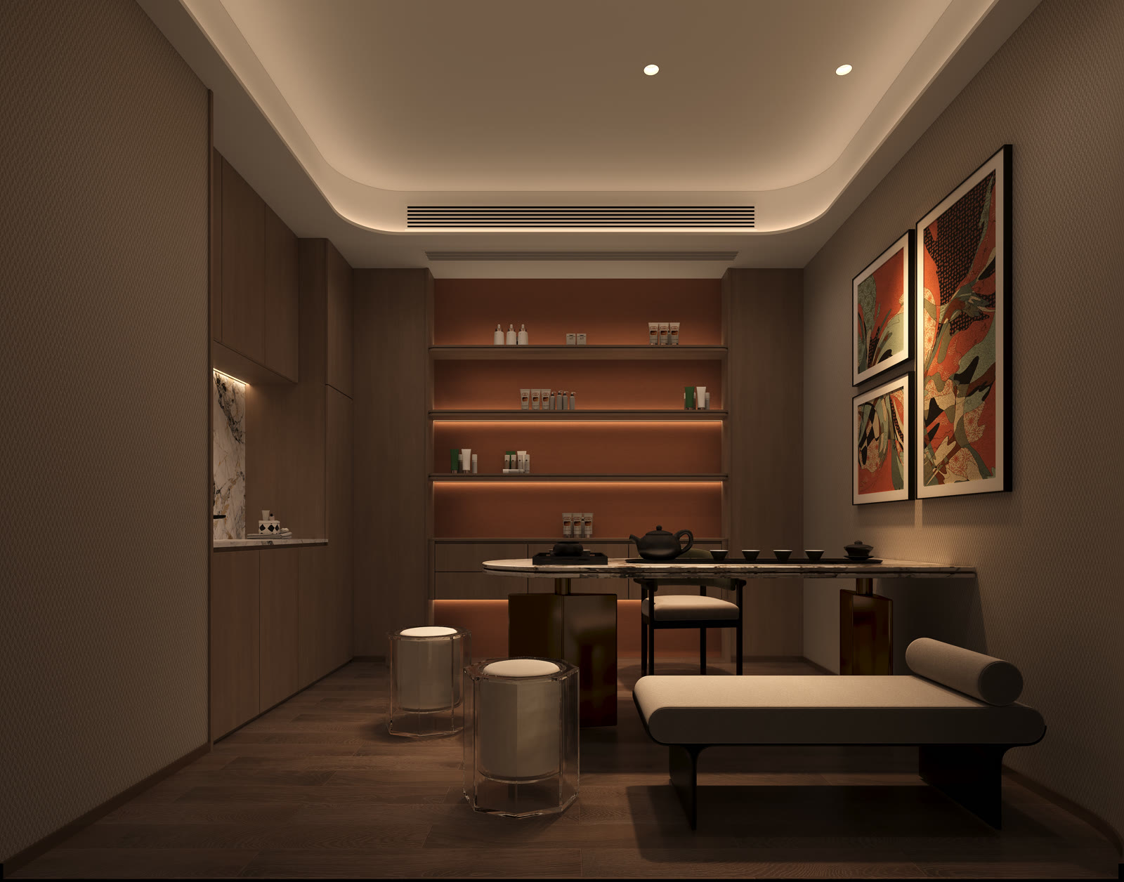 Cozy treatment room render with backlit display shelving, tea table and chaise in warm tones
