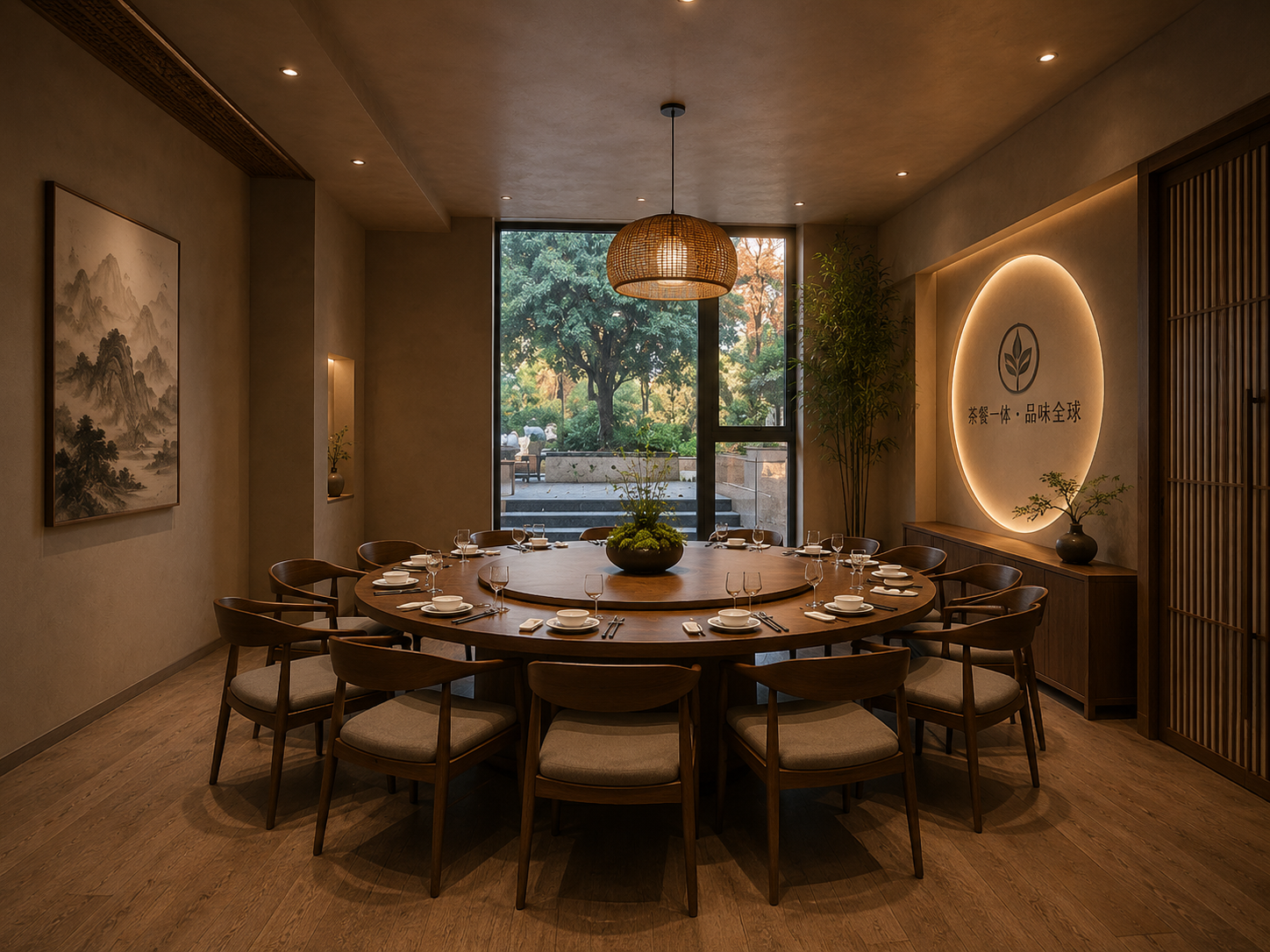 Elegant private dining room with round table and tea-house branding