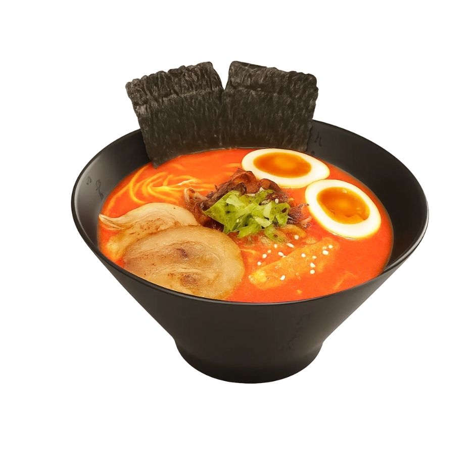 Tokyo tonkotsu ramen bowl closeup with chashu, soft egg, nori and scallions