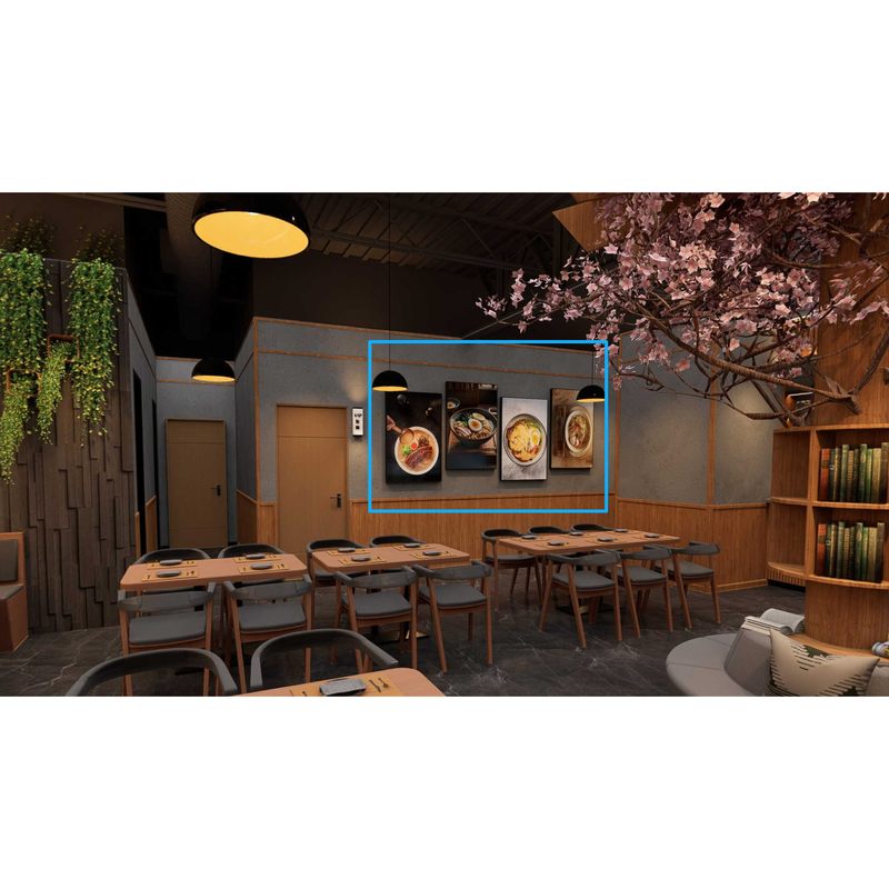 KAZE dining-room design render with warm wood walls, hanging greenery and framed ramen-bowl art