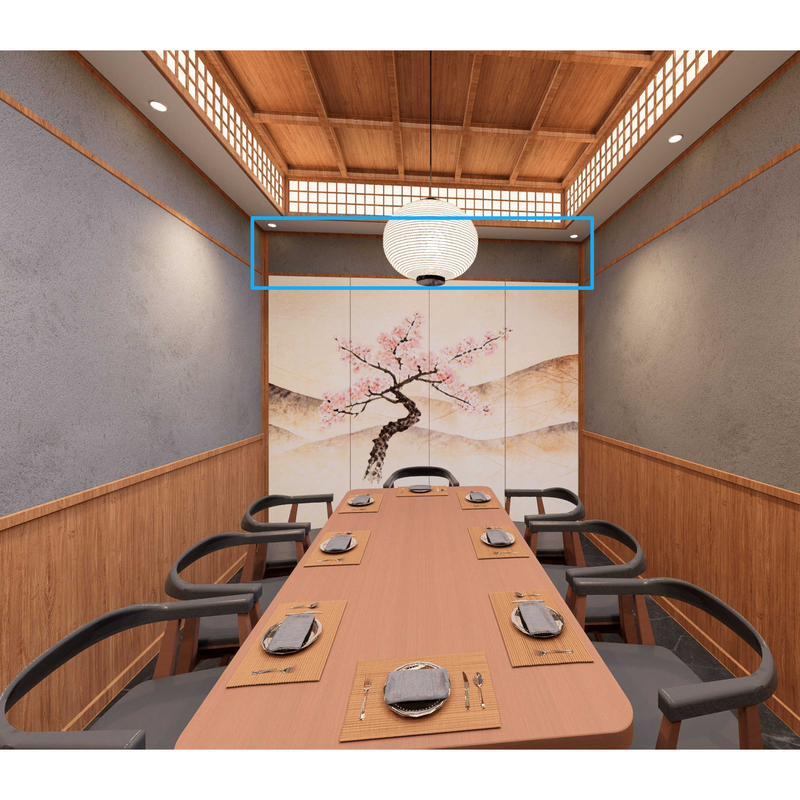 KAZE private dining room render with a cherry-blossom mural and wood-slat ceiling